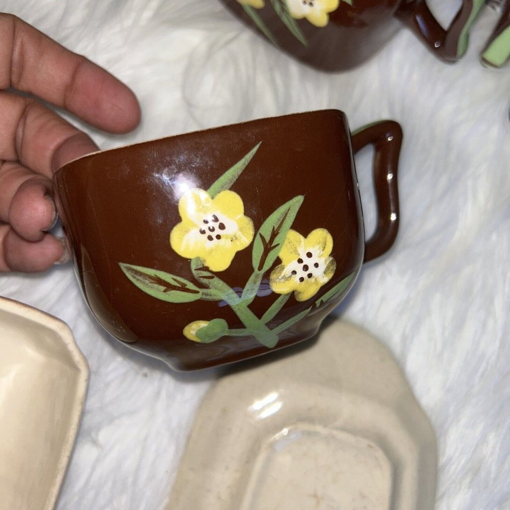 VINTAGE HAND-PAINTED TEAPOTS & BUTTER DISH SET (5 PCS) | Floral - Picture 9 of 9